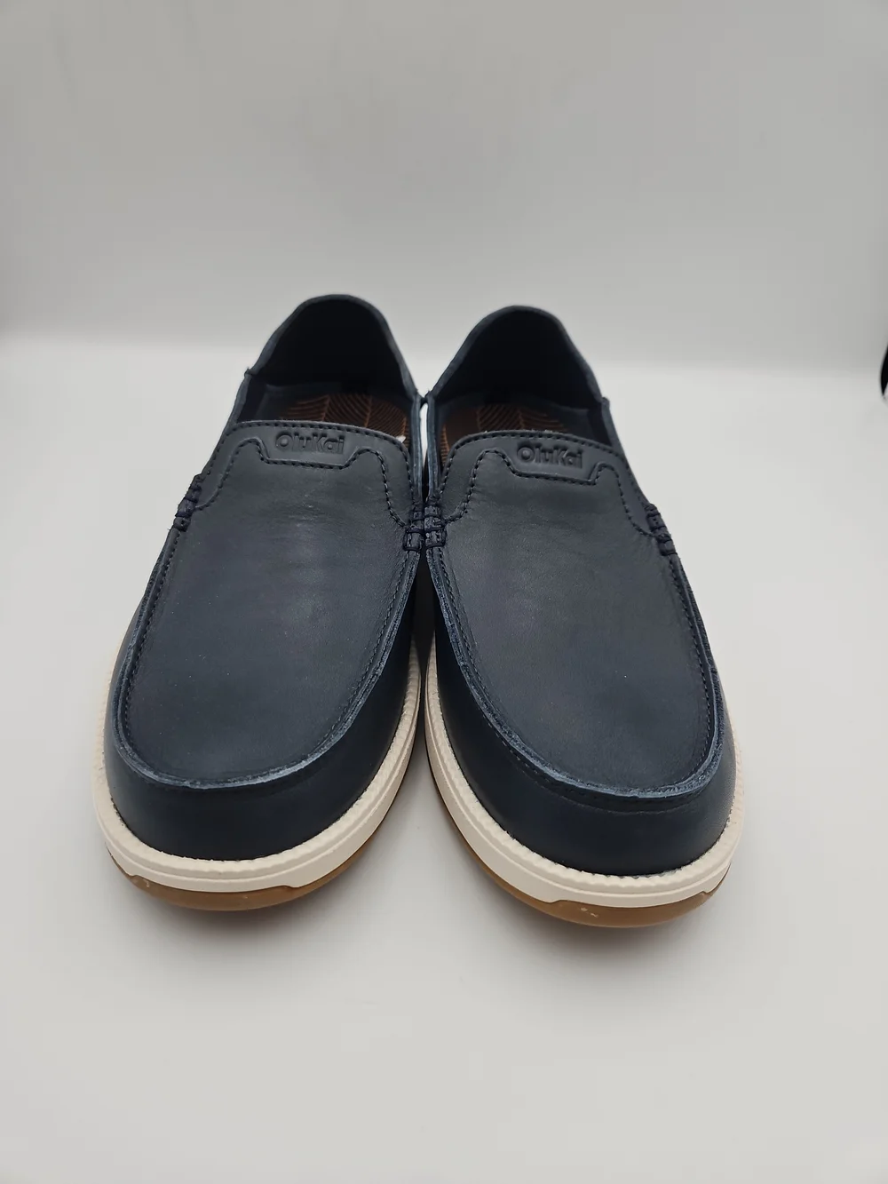 OluKai Men's Navy Leather Slip-On Loafers with Cream Sole